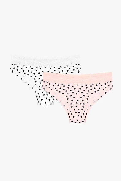 Pembe Beyaz Beli Dantelli 2li Hipster Külot - Resim 6