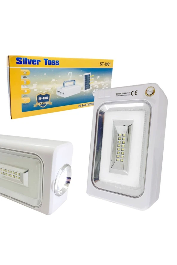 SİLVER TOSSEl Feneri Şarjlı 1w+46 Led Projektör Güneş Panelli 3 Ampullü Silver Toss St-1901