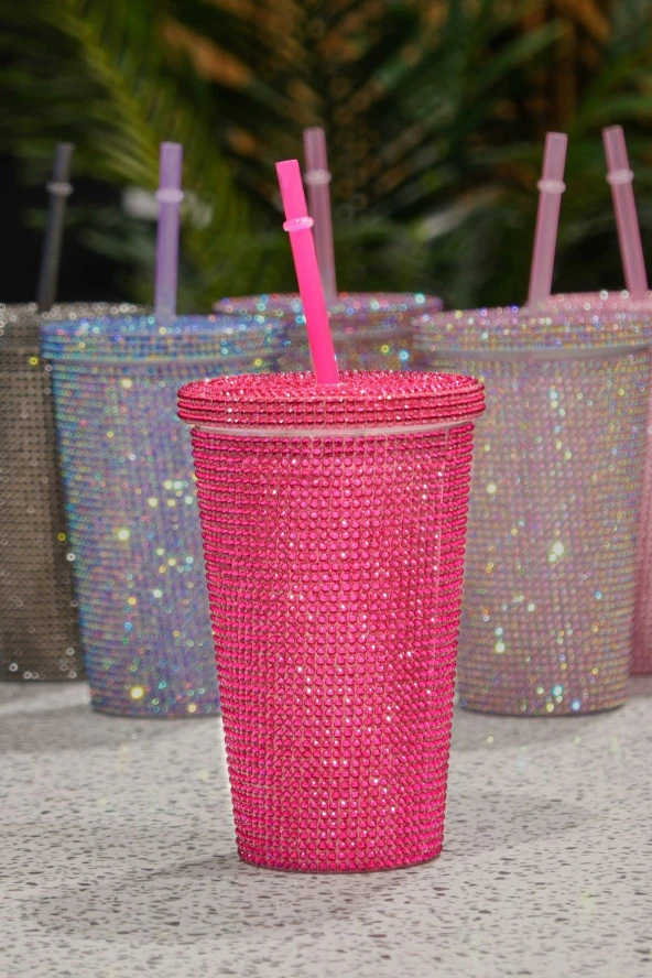 PAMİRAVMParlak Taşlı Pipetli Çift Kat Soğuk İçecek İçin Şık 500ml Mug Termos Bardak - 3