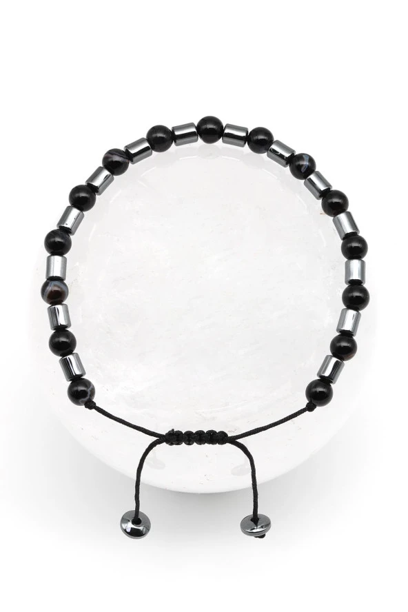 Oniks - Hematit Doğal Taş Makrome Örme Bileklik Küre Kesim ürün görseli 1