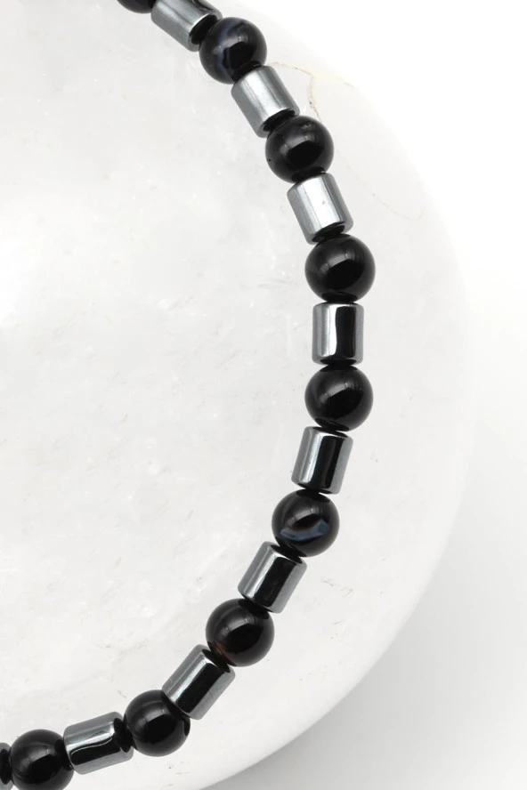 Oniks - Hematit Doğal Taş Makrome Örme Bileklik Küre Kesim - Resim 2