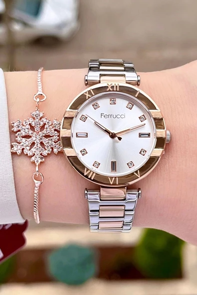 Ferrucci FCISTE274 Rose Gümüş Renk Hediye Paketli Kadın Kol Saati ve Bileklik - Resim 3