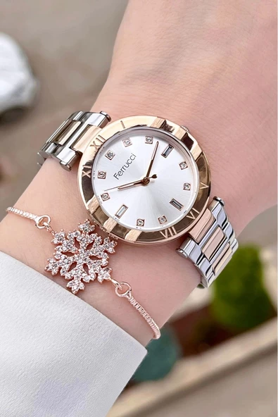 Ferrucci FCISTE274 Rose Gümüş Renk Hediye Paketli Kadın Kol Saati ve Bileklik - Resim 4