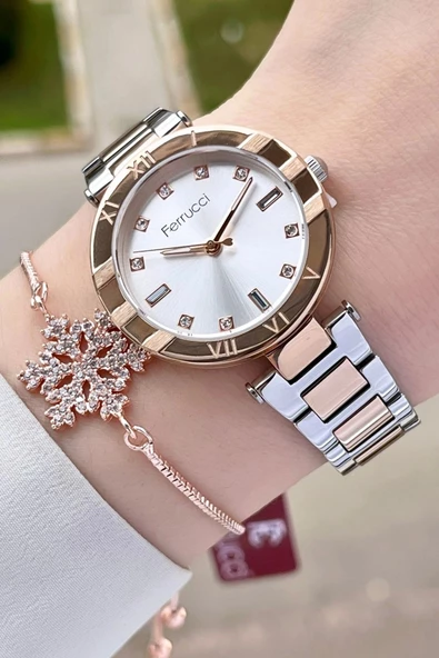 Ferrucci FCISTE274 Rose Gümüş Renk Hediye Paketli Kadın Kol Saati ve Bileklik ürün görseli 1