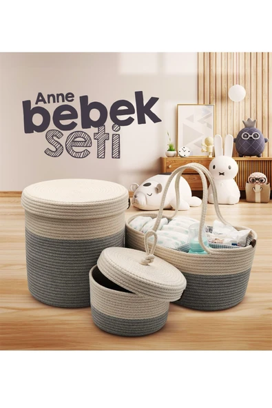 Jasper Jüt İp Hasır Gri Anne Bebek Bakım Çantası Anne Bebek Set Organizeri