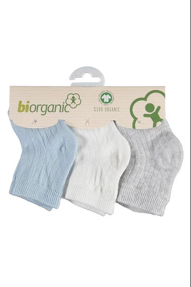 Bibaby Biorganik Desenli Basic 3'Lü Çorap 68344 Beyaz-Mavi-Gri