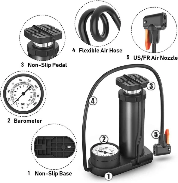XBYC 9022 Göstergeli Mini El Ve Ayak Şişirmeli Bisiklet Pompası Yüksek Basınçlı Pompa - 6