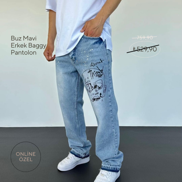 POİSHOPS Baggy Fit Jean Erkek Buz Mavi Baskılı