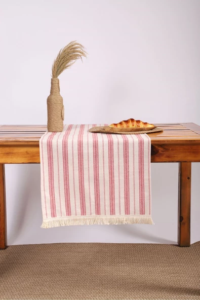 Bordo Çizgili Püsküllü Runner Masa Örtüsü(45 x 150)