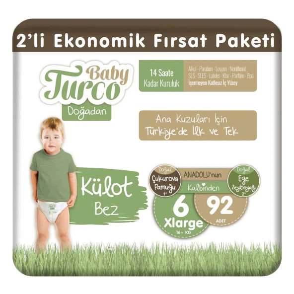 Baby Turco Doğadan 2'li Ekonomik Fırsat Paketi Külot Bez 6 Numara Xlarge 92 Adet