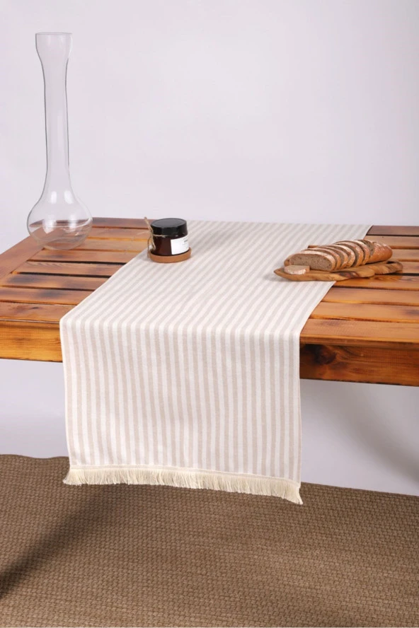 Keten Açık Kahve Çizgili Püsküllü Runer Masa Örtüsü (45 x 150) - 2
