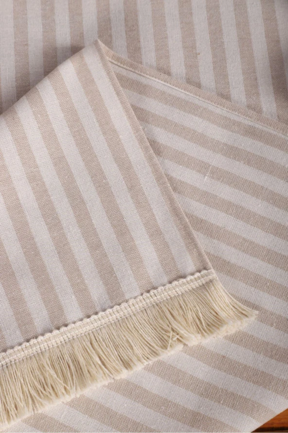 Keten Açık Kahve Çizgili Püsküllü Runer Masa Örtüsü (45 x 150) - 3