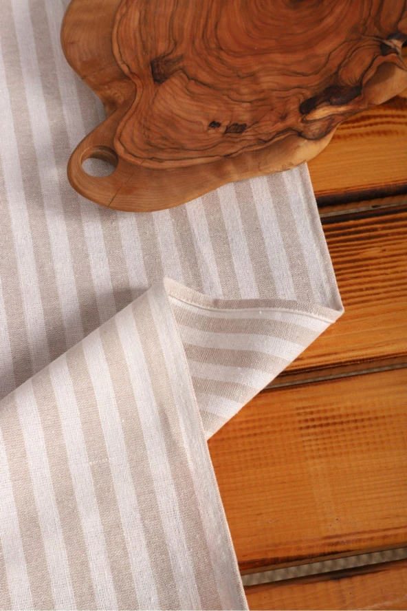 Keten Açık Kahve Çizgili Püsküllü Runer Masa Örtüsü (45 x 150) - 4