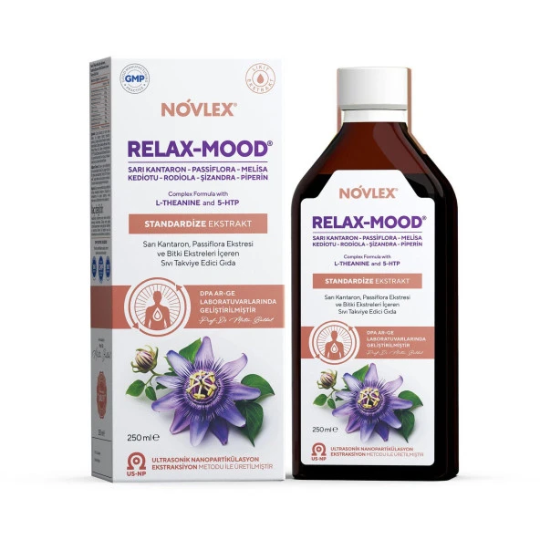 Novlex Relax-Mood Sarı Kantaron (St. John’s Wort), Passiflora, Kediotu (Valerian), Melisa, L-Teanin, 5-HTP, Rhodiola, Şizandra ve Piperin Ekstraktı (Ekstresi) 250ml