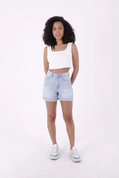 Yıpratma Detaylı Cepli ve Astarsız Kısa Boy Yüksek Belli Mom Fit Kadın Şort Buz Mavi Yaz / Bahar - 5