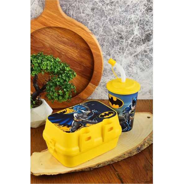Batman İki Katlı Bölmeli Beslenme Kutusu+Kapaklı Pipetli Bardak 400 ml.