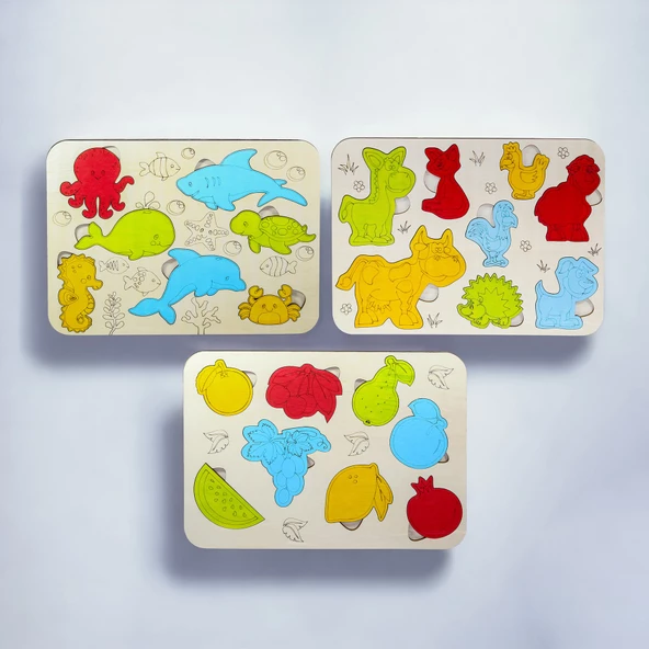 Ahşap 3 lu Eğitici Öğretici Set Yapboz Puzzle Bultak Çocuk Oyuncağı, Hayvan, Meyve, Deniz