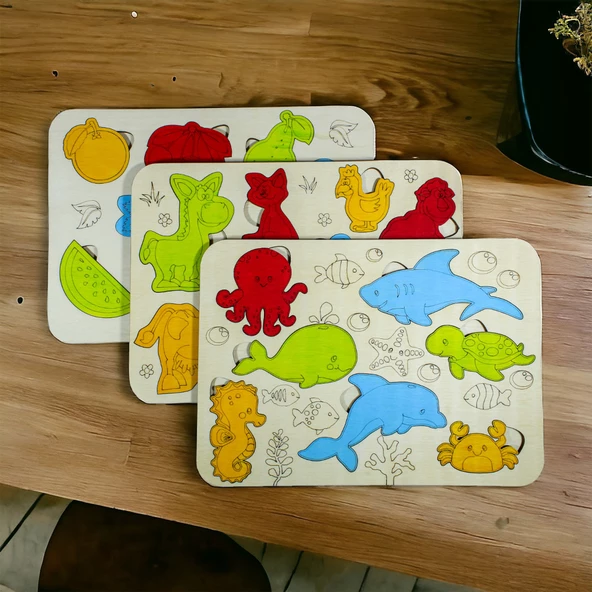 Ahşap 3 lu Eğitici Öğretici Set Yapboz Puzzle Bultak Çocuk Oyuncağı, Hayvan, Meyve, Deniz - 2