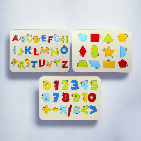 Ahşap 3 lu Eğitici Öğretici Set Yapboz Puzzle Bultak Çocuk Oyuncağı, Alfabe, Rakam, Şekil