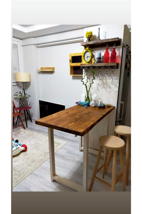 Retro Çift Renk Ahşap Bar Masası - 2