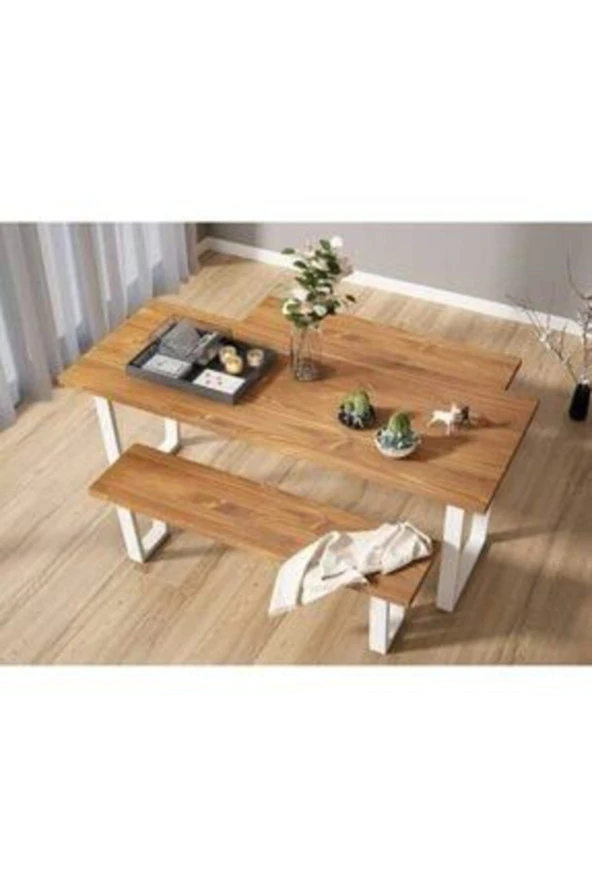 NUR AHŞAP Kahverengi Ahşap Çift Banklı Masa Takımı