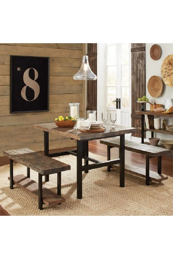 Ena Butik Ahşap Yemek Masası Ve 2 Adet Bank 4 Kişilik Yemek Masası Masif Ahşap Yemek Masası Takımı