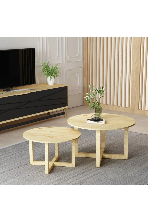 GİVAYO WOOD'S Soft Ikili Doğal Ahşap Orta Sehpa 70*70*42