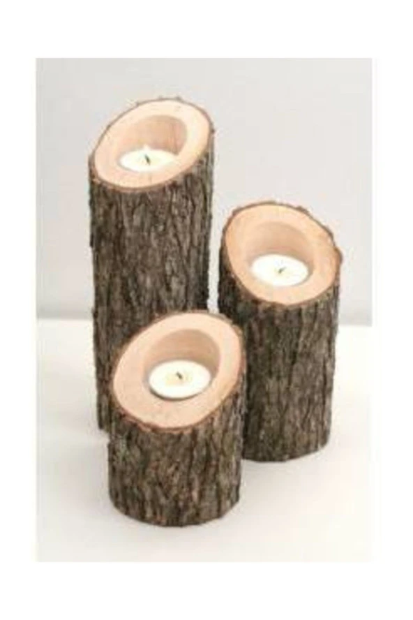 NUR AHŞAP Ağaç Mumluk 3'lü