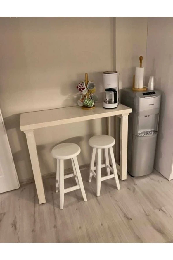 NUR AHŞAP Masif Ahşap Beyaz Bar Masa Yüksek Masa - 2