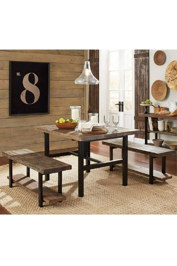 Teknolojipro Ahşap Yemek Masası Ve 2 Adet Bank 4 Kişilik Yemek Masası Masif Ahşap Yemek Masası Takımı - 2