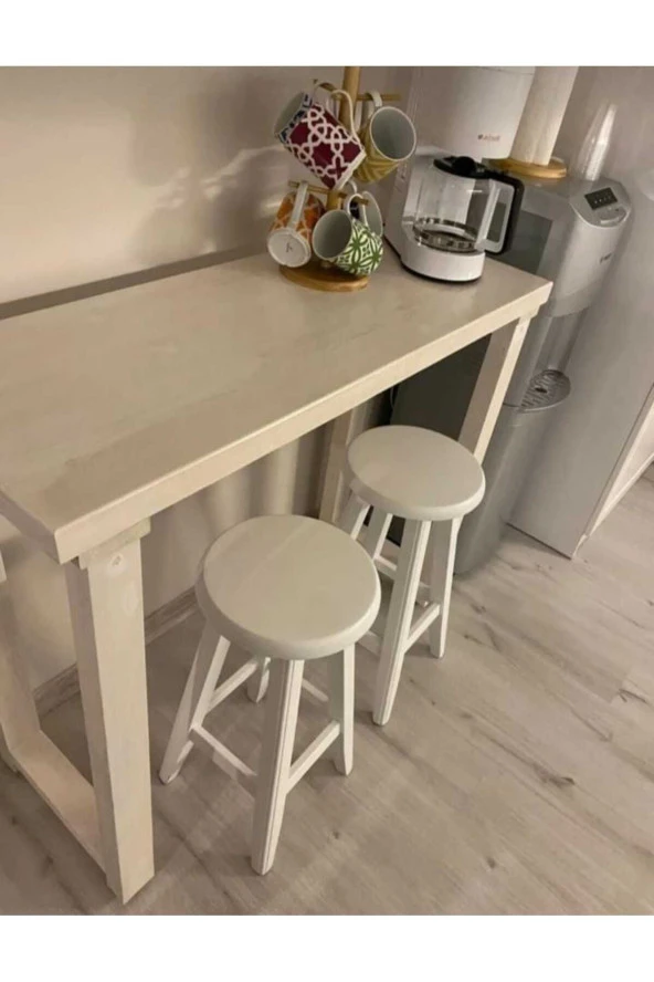 NUR AHŞAP Masif Ahşap Beyaz Bar Masa Yüksek Masa - 3