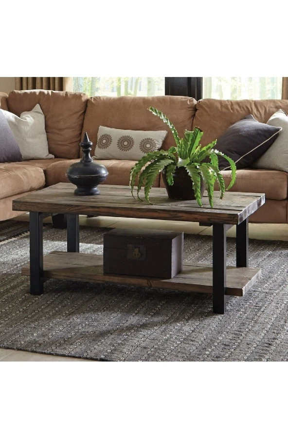 Loubrimart Ahşap Masif Ağaç Doğal Orta Sehpa Demir Iskelet 2 Katlı Sehpa ürün görseli 1