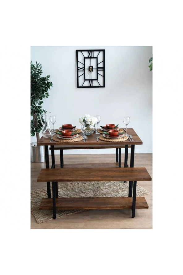 Teknolojipro Ahşap Yemek Masası Ve 2 Adet Bank 4 Kişilik Yemek Masası Masif Ahşap Yemek Masası Takımı - 4