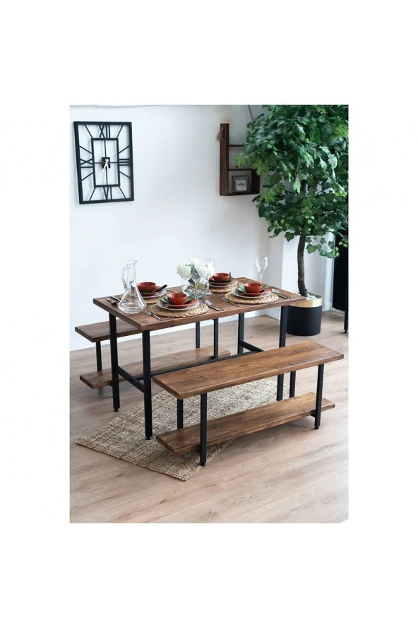 Teknolojipro Ahşap Yemek Masası Ve 2 Adet Bank 4 Kişilik Yemek Masası Masif Ahşap Yemek Masası Takımı - 5