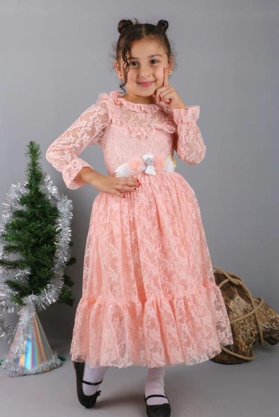 Çiçek Motif Dantelli Çocuk Tesettür Elbise MNK0580 - Resim 5