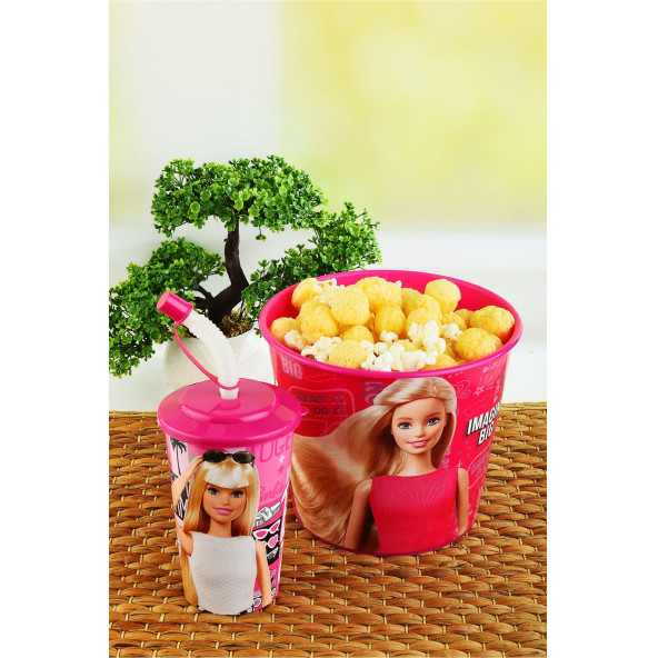 Barbie Mısır & Popcorn Kutusu+Kapaklı Pipetli Bardak 400 ml.