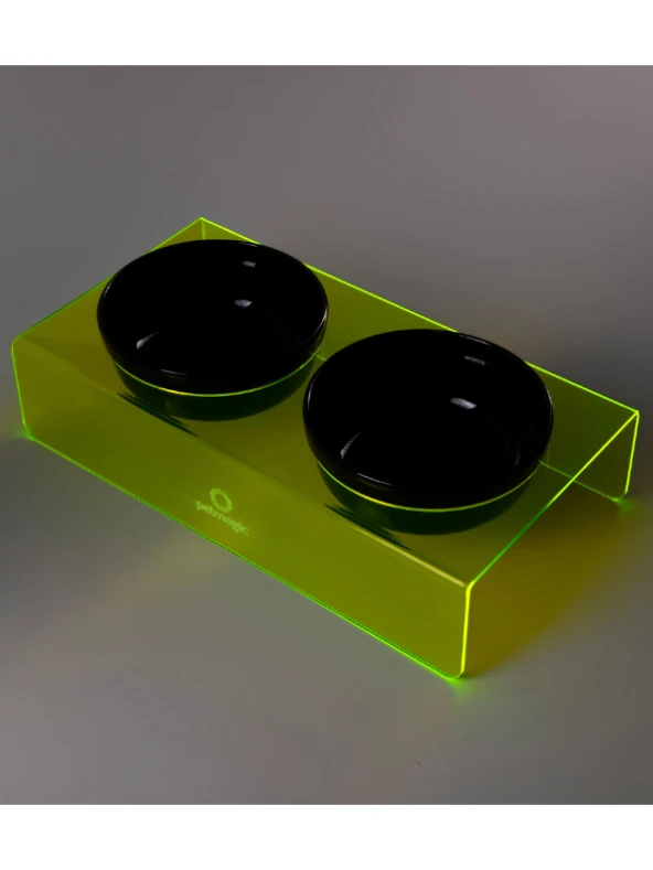 Petmagic Akrilik Pleksi Evcil Hayvan Siyah Seramik Kaseli İkili Kedi ve Köpek Mama Su Kabı-Neon Sarı - Resim 3