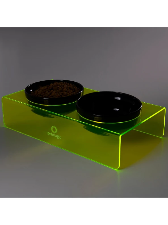 Petmagic Akrilik Pleksi Evcil Hayvan Siyah Seramik Kaseli İkili Kedi ve Köpek Mama Su Kabı-Neon Sarı - Resim 4