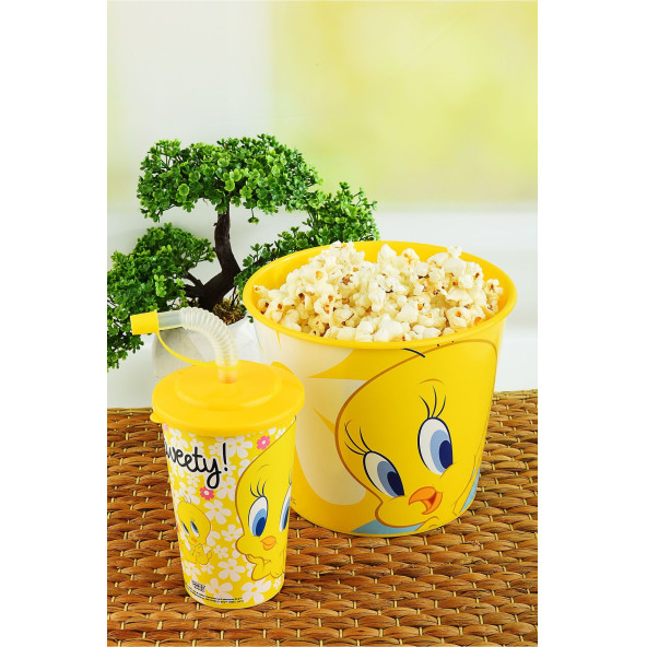 Tweety Mısır & Popcorn Kutusu+Kapaklı Pipetli Bardak 400 ml.