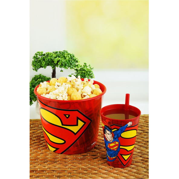 Süperman Mısır & Popcorn Kutusu+Pipetli Bardak 400 ml.