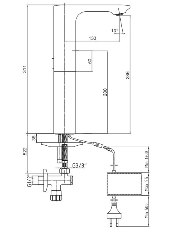 ECA Compact Fotoselli Yüksek Tip Lavabo Bataryası Elektrikli 108108045 Çift Su Girişli - Resim 2