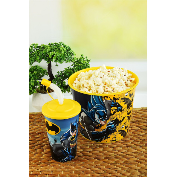 Batman Mısır & Popcorn Kutusu+Kapaklı Pipetli Bardak 400 ml.