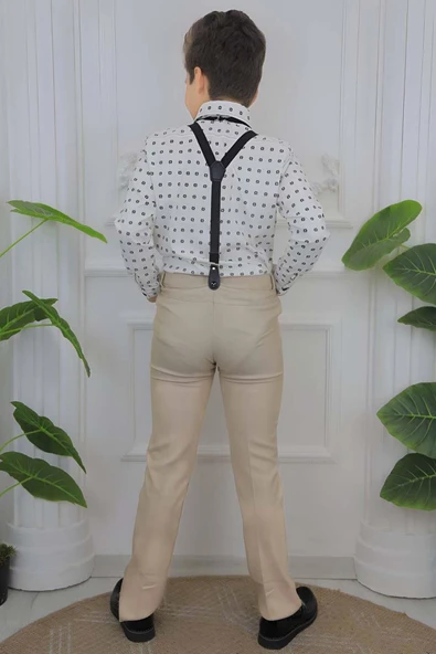 Erkek Çocuk Desenli Gömlek, Papyon ve Askılı Krem Pantolon Alt Üst Takım - Resim 5