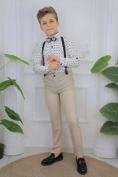 Erkek Çocuk Desenli Gömlek, Papyon ve Askılı Krem Pantolon Alt Üst Takım - Resim 2