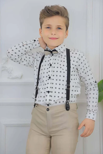 Erkek Çocuk Desenli Gömlek, Papyon ve Askılı Krem Pantolon Alt Üst Takım - Resim 4