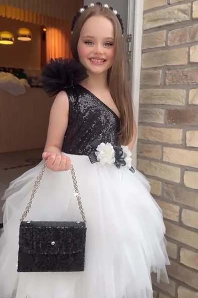 Kız Çocuk Tek Omuz Üstü Pulpayet İşlemeli Önü Çiçekli Tül Tül Siyah Beyaz Elbise - Resim 3