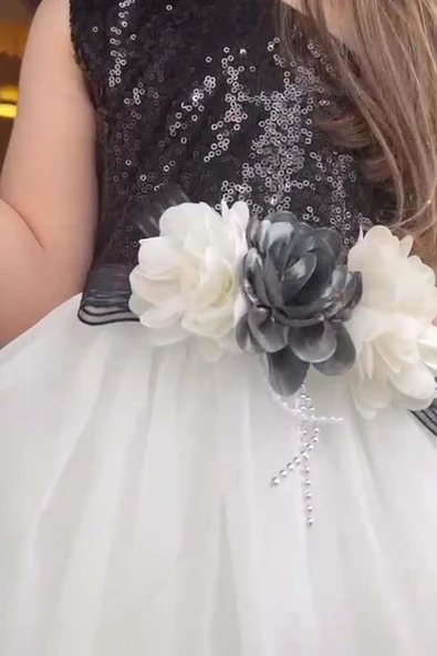 Kız Çocuk Tek Omuz Üstü Pulpayet İşlemeli Önü Çiçekli Tül Tül Siyah Beyaz Elbise - Resim 5