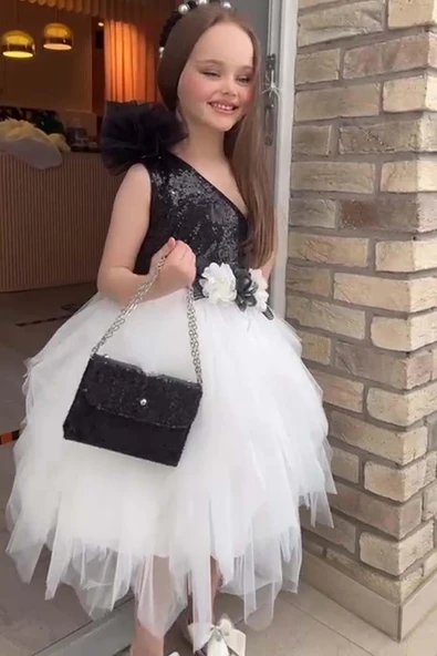 Kız Çocuk Tek Omuz Üstü Pulpayet İşlemeli Önü Çiçekli Tül Tül Siyah Beyaz Elbise - Resim 2