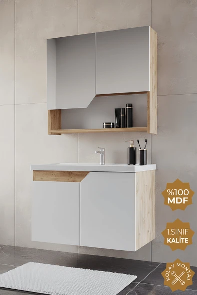 Teta Home Napoli 65 Cm Mdf Banyo Dolabı Seti  Atlantik Çam-Beyaz ürün görseli 1