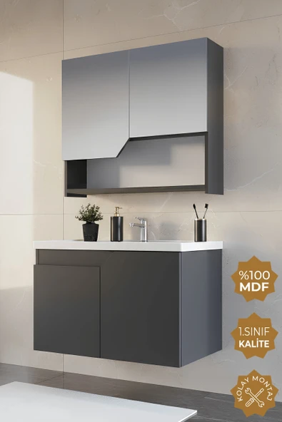 Teta Home Napoli 65 Cm Mdf Banyo Dolabı Seti  Antrasit ürün görseli 1